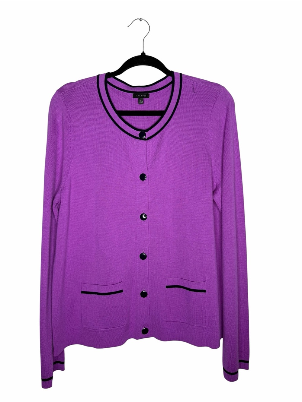TALBOTS / purple black trim button up sweater cardigan knit lady jacket / L